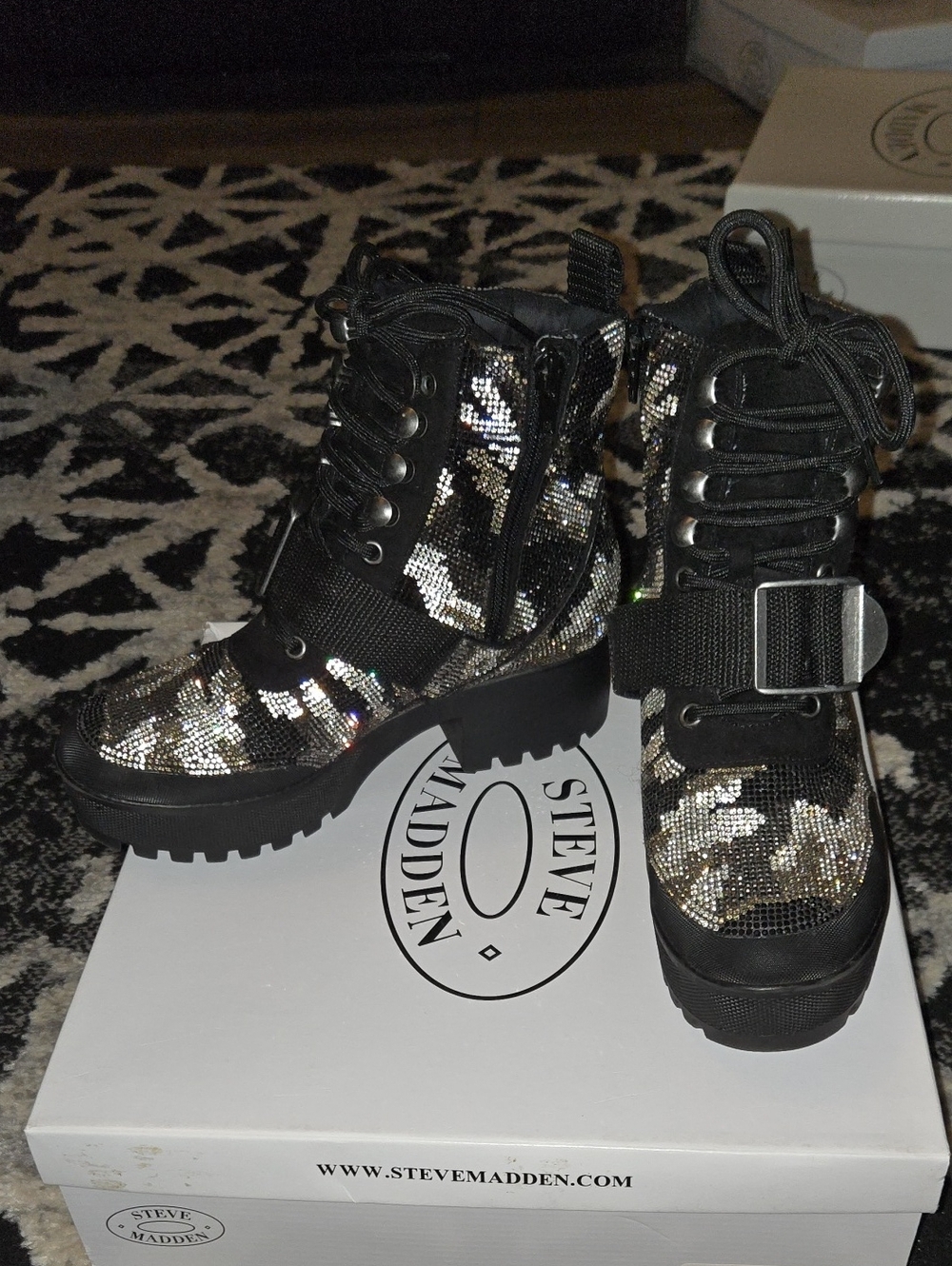Steve Madden Grady-R Black/Camo Black and Silver Rhinestone Combat Boots
